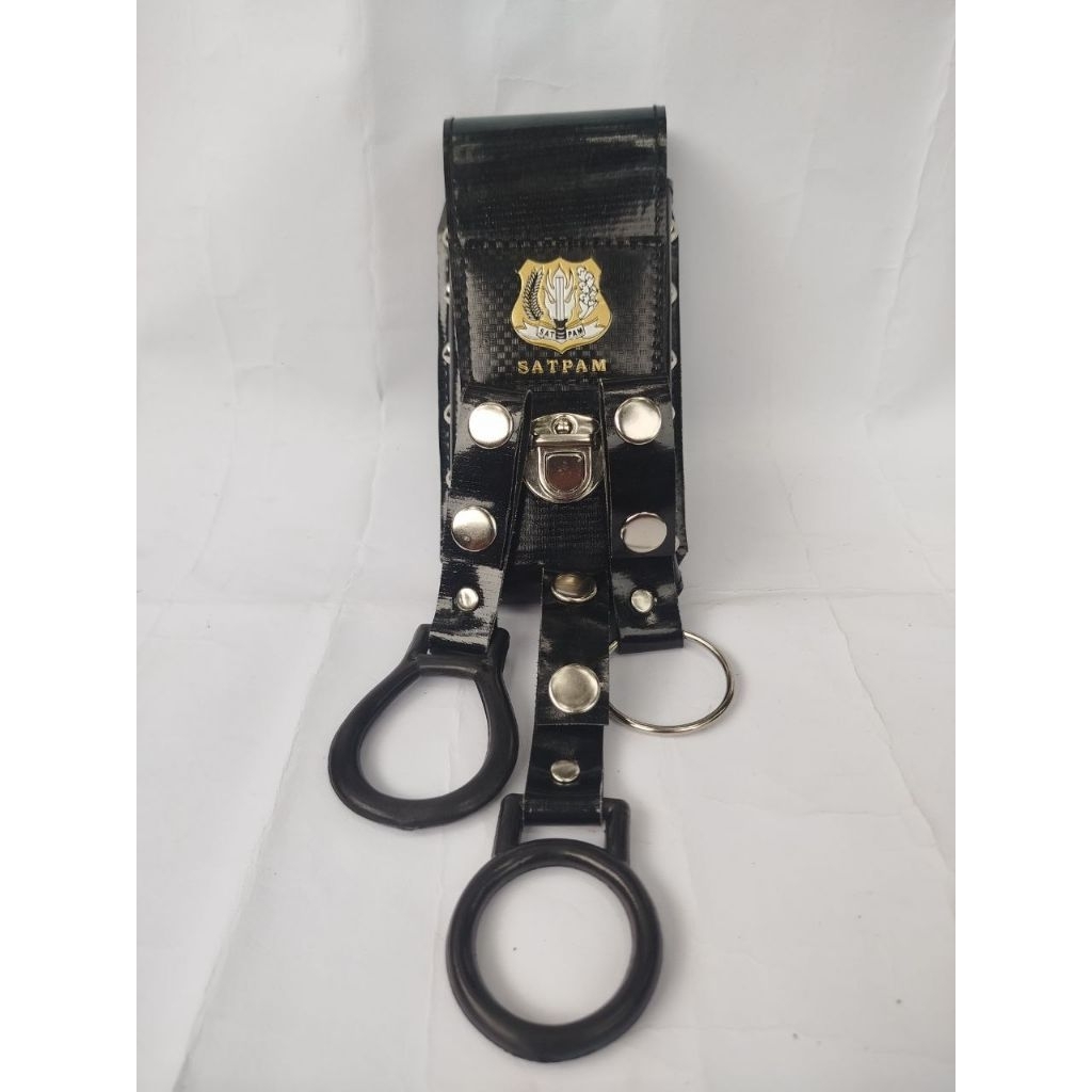 PAKET ATRIBUT SATPAM LOGO KUNING : SARUNG HANPHONE, GANTUNGAN LALIN & TONGKAT, DAN RING TONGKAT BESI