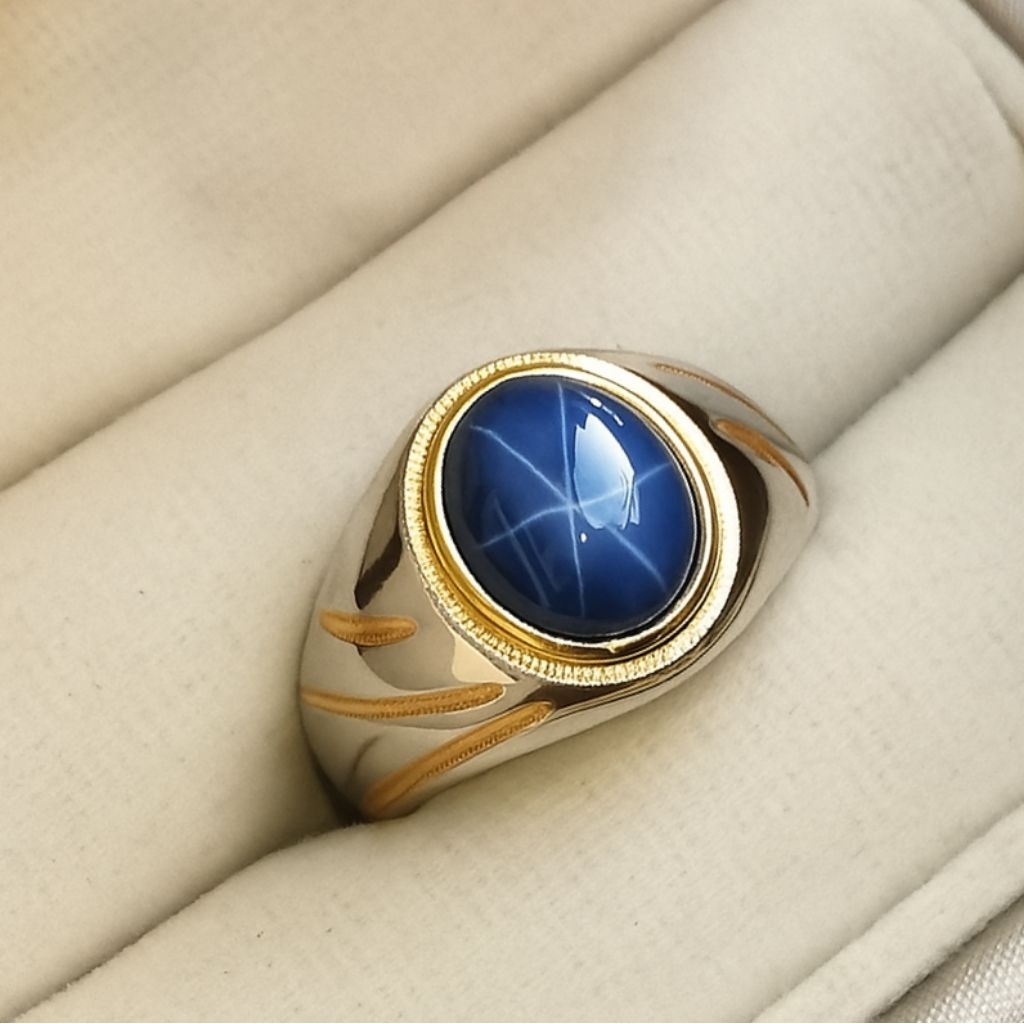 Cincin Permata American Star Biru Star 6 garis Mewah Ring titanium