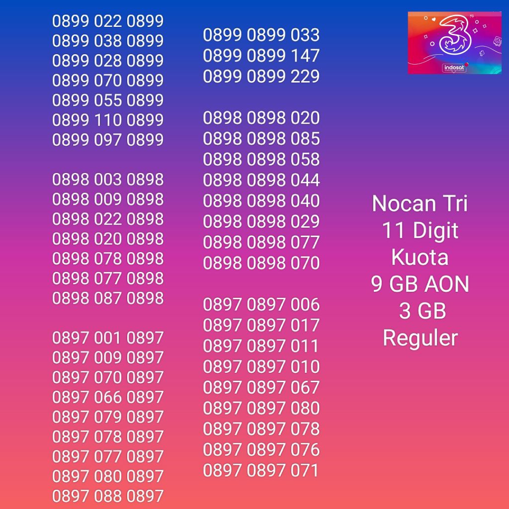 NOCAN Nomor Cantik 11 Digit Ulang Cermin Kartu Perdana 3 Tri Three 4G LTE Kuota 3GB REGULER