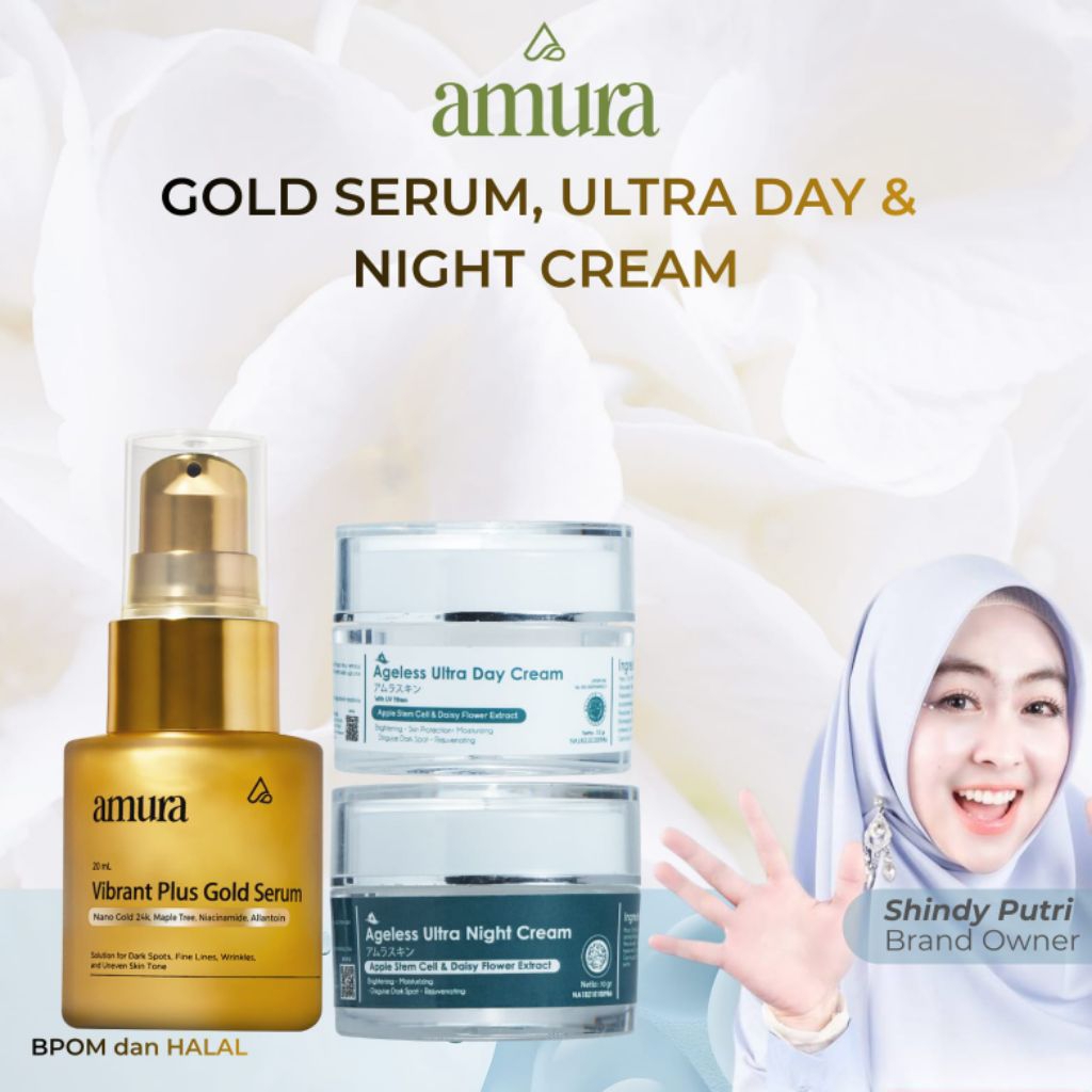 Amura Anti Flek & Pro-Age Set | Gold Serum + Ageless Ultra Day Cream + Ageless Ultra Night Cream