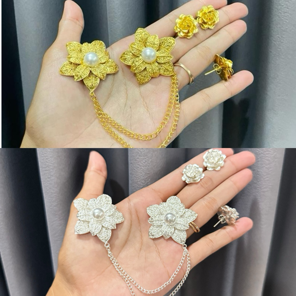 set bros kancing alpaka melati mawar Gold / Silver skrup hiasan kebaya bali