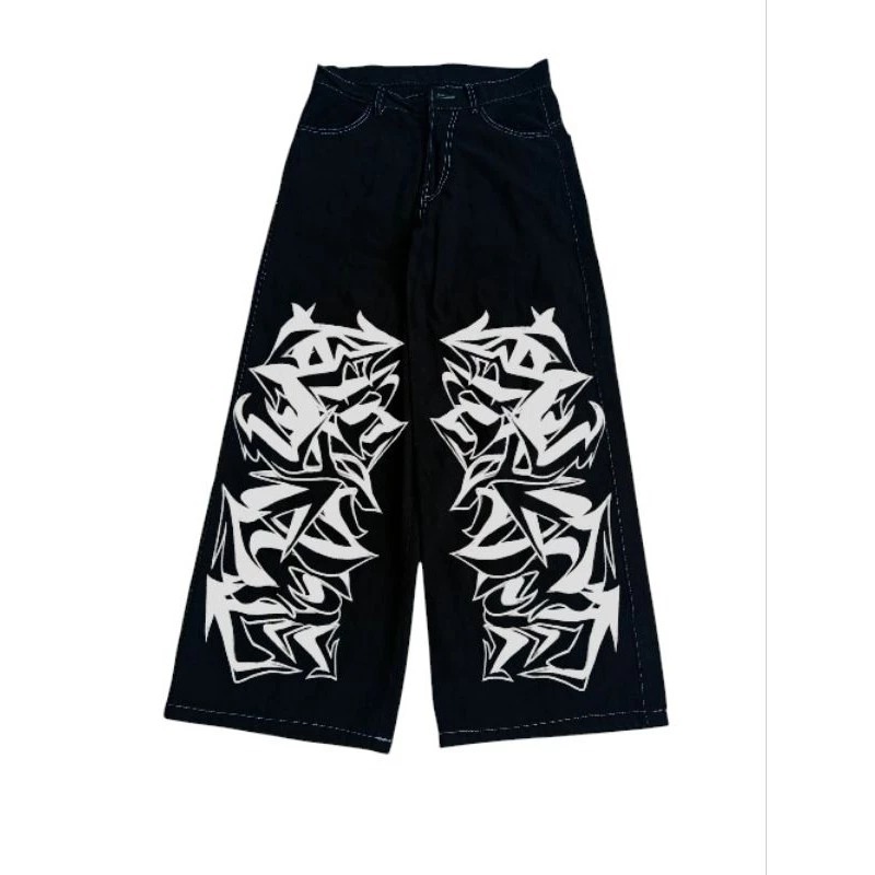 Celana Gombrong Baggy Jeans Hitam Graffiti Retro