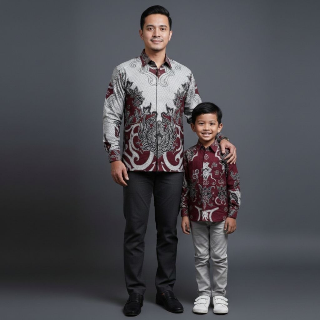 BATIK COUPLE SERAGAMAN BAPAK DAN ANAK KATTUN SOLO FURING MAROON