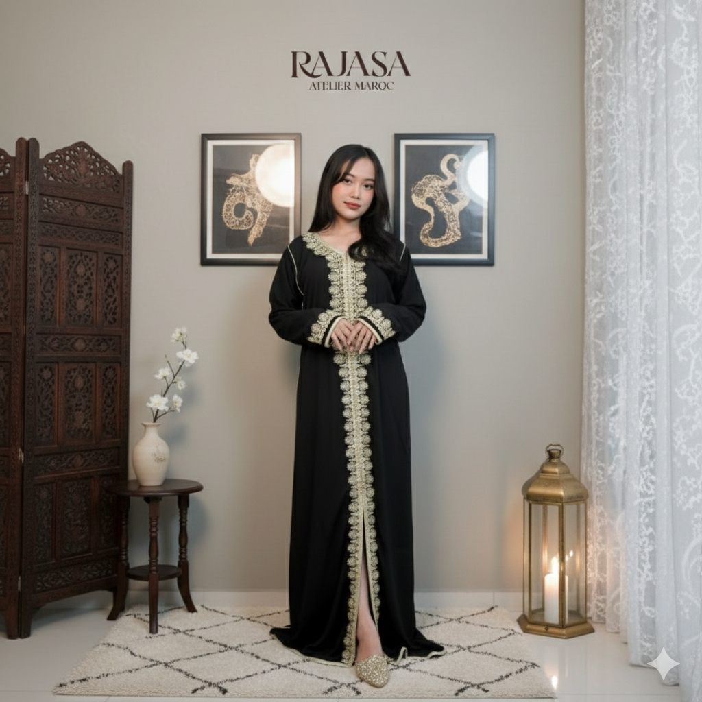 Baju Kaftan Original from Maroko, Warna Hitam - bordir emas, accesories manik manik