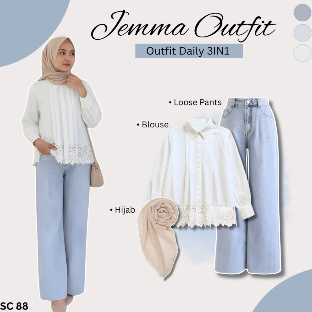 3in 1 One Set Wanita Kekinian ( Kulot Jeans  , Blouse , Hijab Bella Square ) OOTD Hanggout ,Hijab St