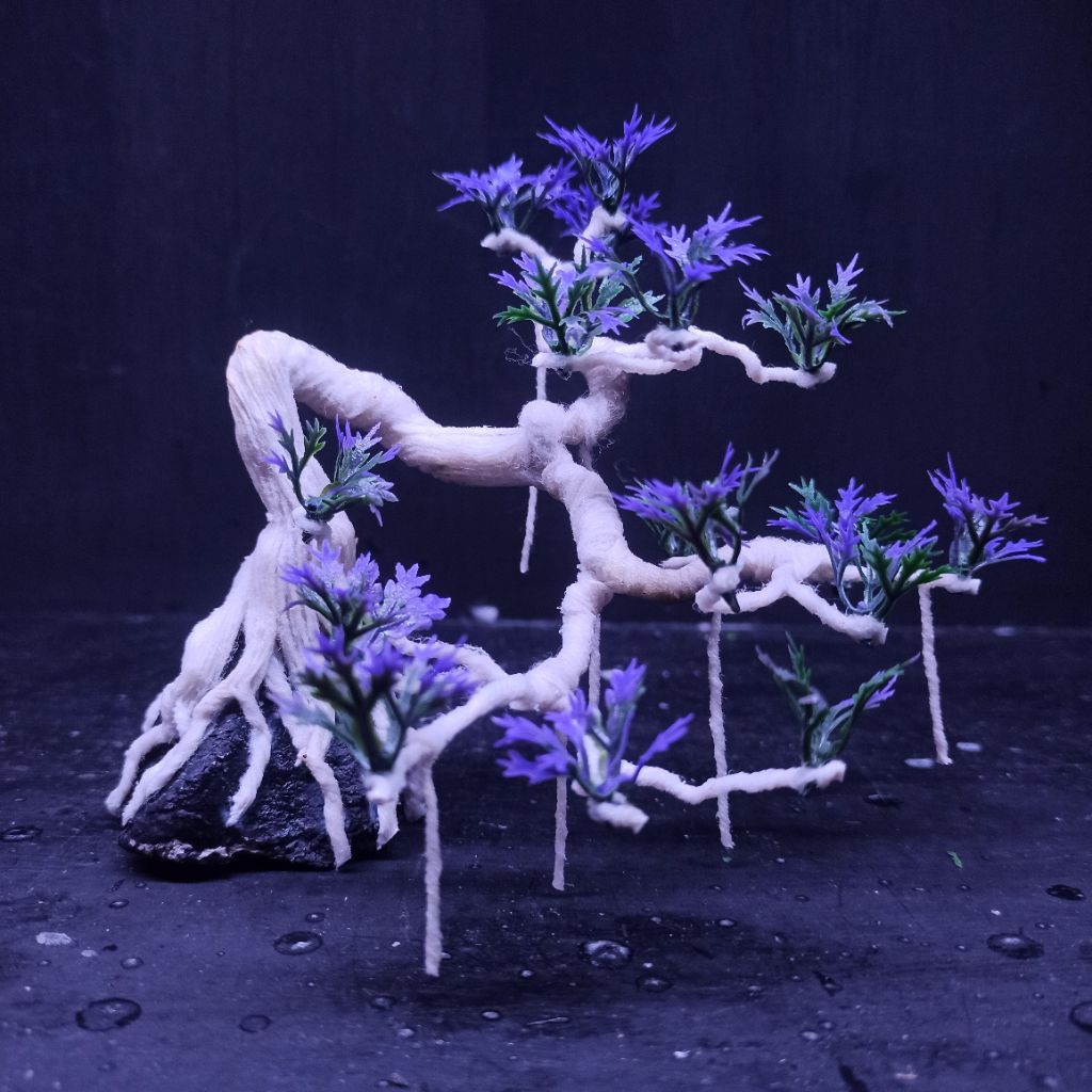 bonsai aquascape akuarium daun ungu hijau bonsai hias replika plastik