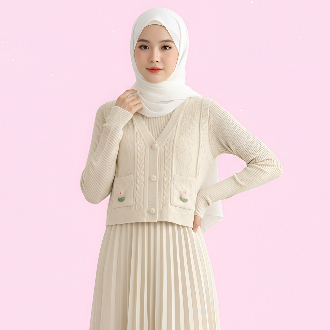 LongDress Rajut Premium Wanita Rok Plisket + Vest Rajut Motif Bunga Elegan Nyaman