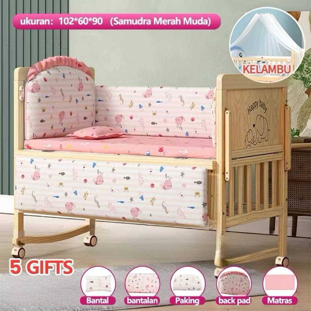 Baby Crib Kayu Premium — Tempat Tidur Bayi Goyang + Roda (Unused Hadiah)