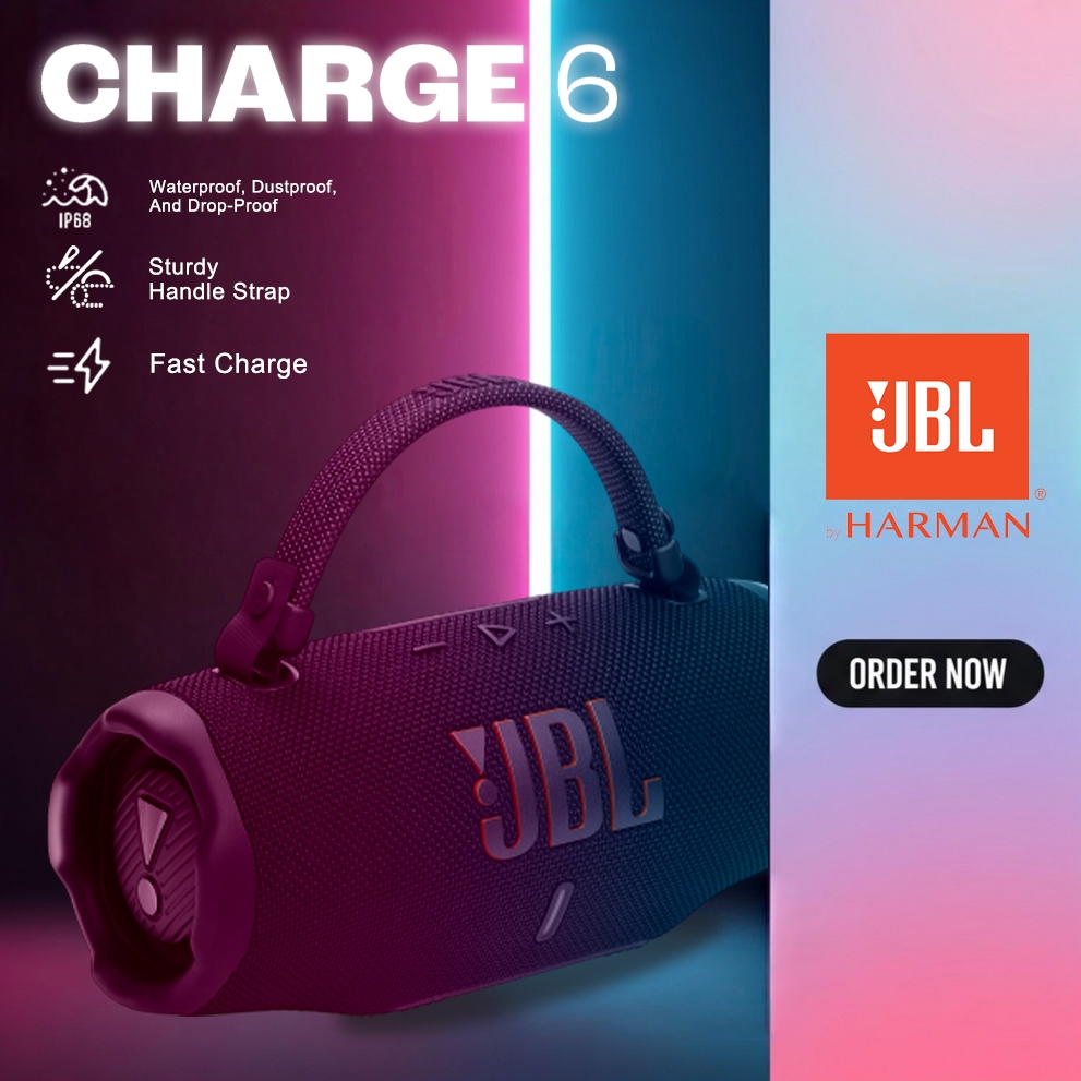JBL Charge 6 Speaker portabel tahan air dan tahan jatuh dengan JBL Pro sound yang mantap dan tali pe