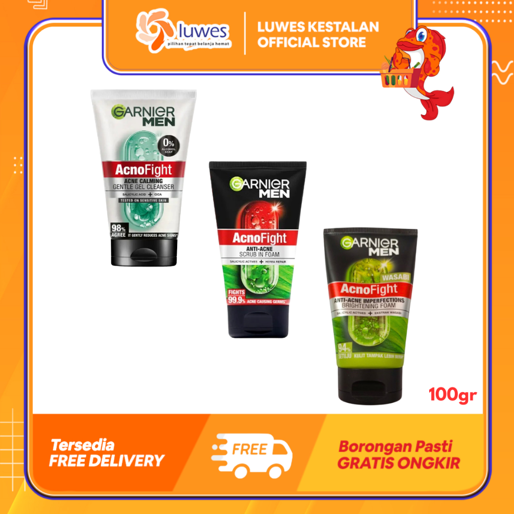 (LUWES) Garnier Men Acno Fight Face Wash 100ml | Sabun Cuci Muka Garnier Anti Acne 100ml | Garnier F