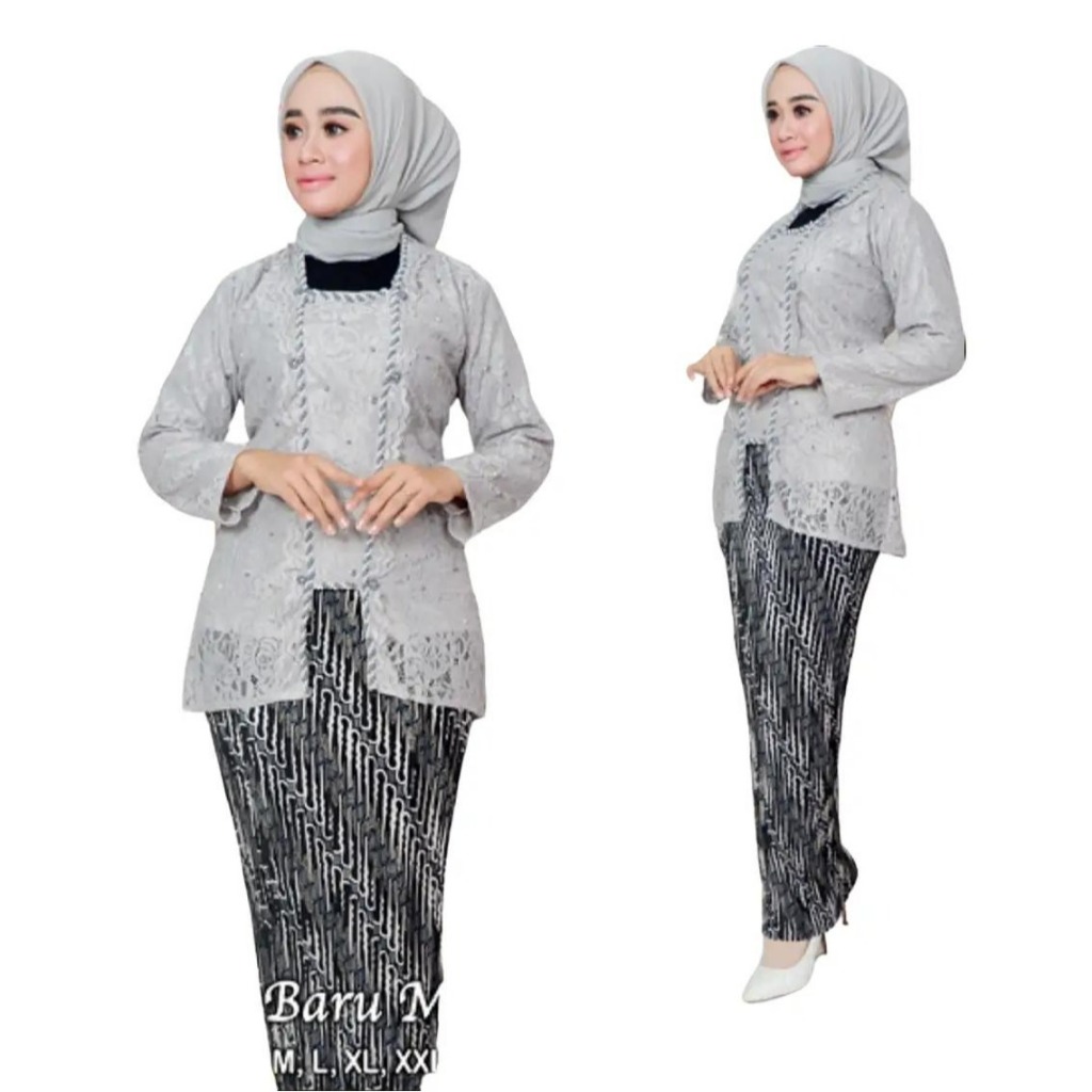 Setelan Kebaya Bahan Brukat Non Gliter Warna Silver & Rok Plisket Batik Elegan dan Mewah