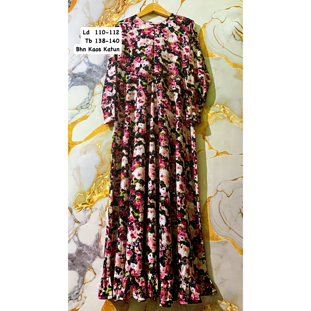 PL New Gamis Wanita Motif Bunga Cantik Bahan Kaos Cotton