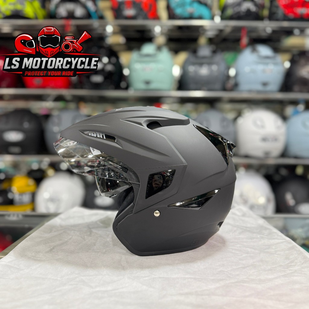 Helm Asca Premier Solid - Black Doff Double Visor Half Face Berkualitas SNI