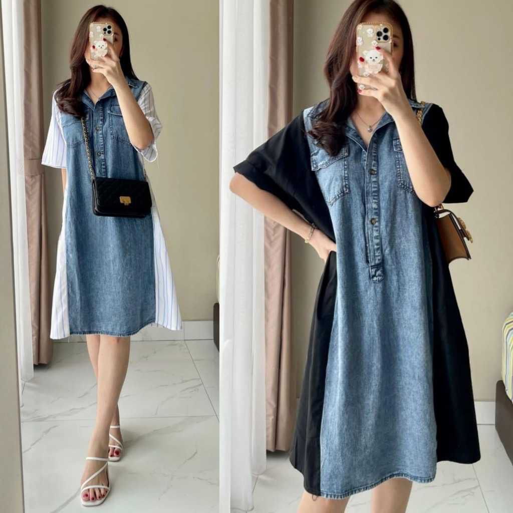 [ Dierly ]KATHRIN DRESS WANITA DENIM SNOW ACID KOMBINASI KATUN POPLIN SALUR DAN POLOS
