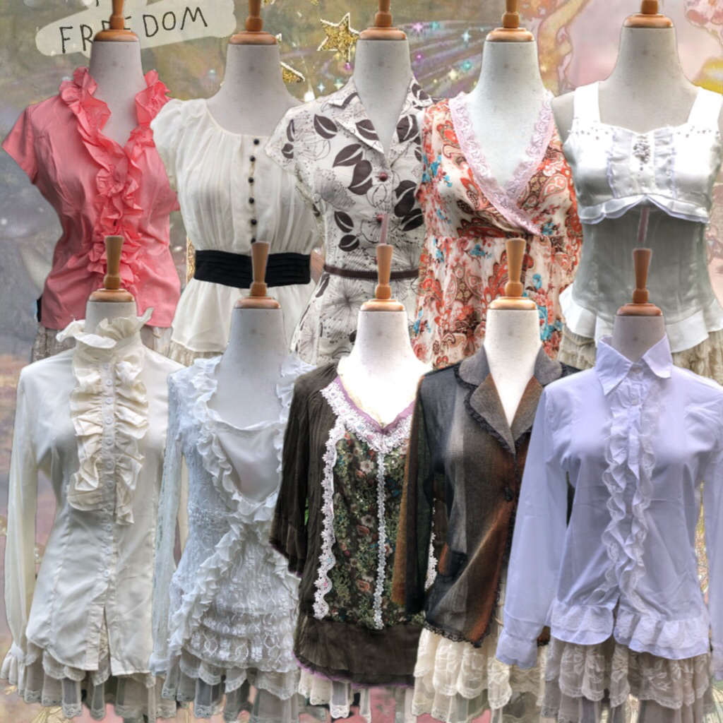 coquette, kemeja ruffle, sawako, shoujou girl, polkadot, retro, 2000era, 90s, 80s, 70s, vintage, yea