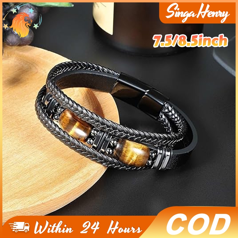 Gelang Fashion Pria Kombinasi Batu Alam Mata Harimau Dan Kulit Desain Elegan Cocok Untuk Hadiah