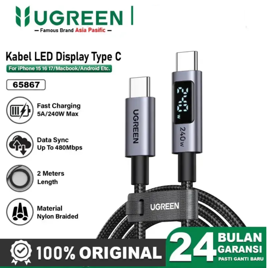 UGREEN Kabel Data PD Type C to Type C Digital Display Fast Charging 240W Max 5A Nylon Braided