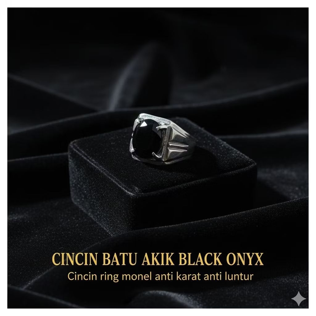 Cincin Batu Akik Black Onix Cutting Oval 12x10 mm - Ring Monel - Unisex