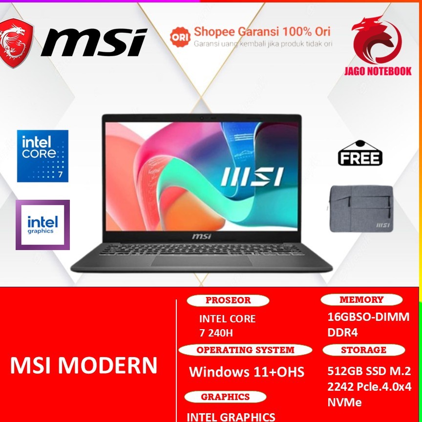 MSI MODERN 15H CORE I7 240H 16GB 512GB W11+OHS 15.6FHD IPS BLIT 2Y BLK