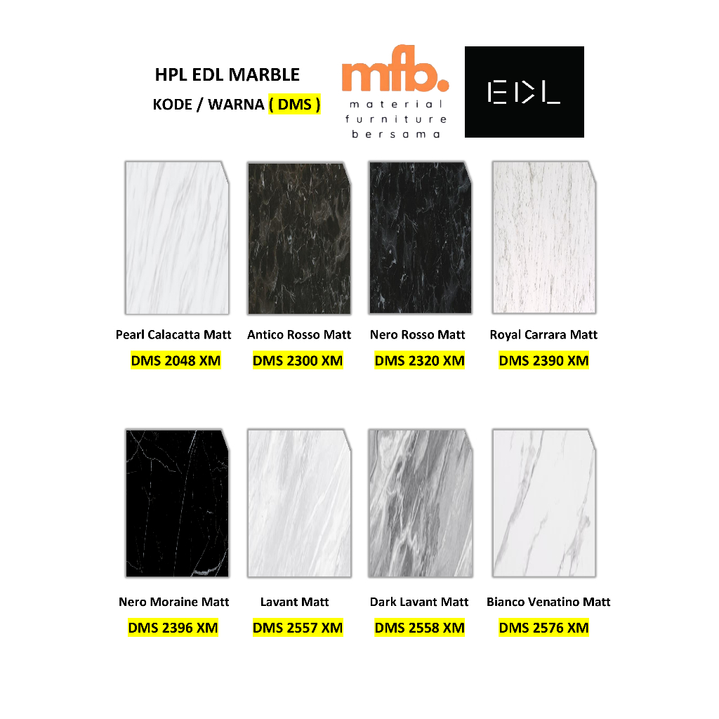 HPL EDL Marble Stone Design Kode DMD & DMS | HPL Motif Marmer Premium | 1220 x 2440 x 0.8 mm | Lamin