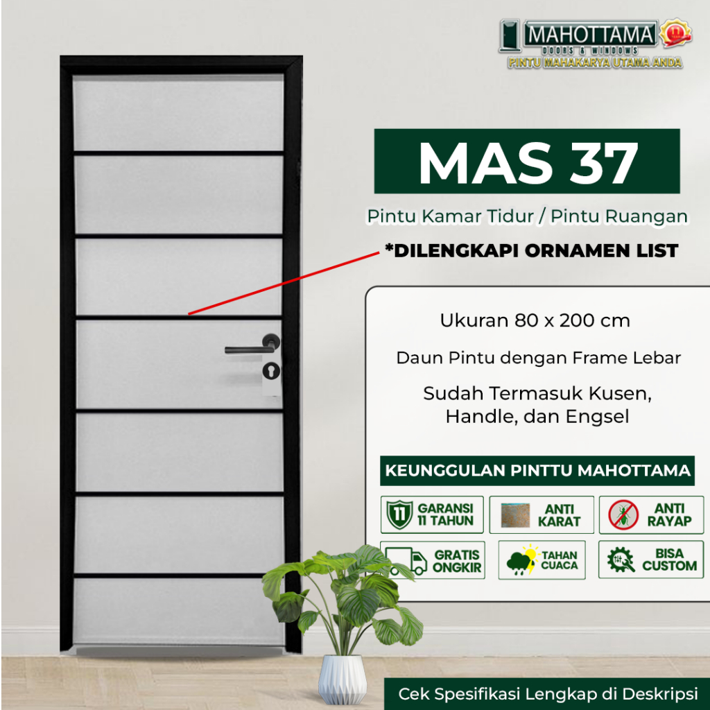MAHOTTAMA MAS37 - Pintu Rumah Kamar Tidur / Kamar Mandi WC Aluminium 80 x 200cm 1 Set Kusen Kunci Ha