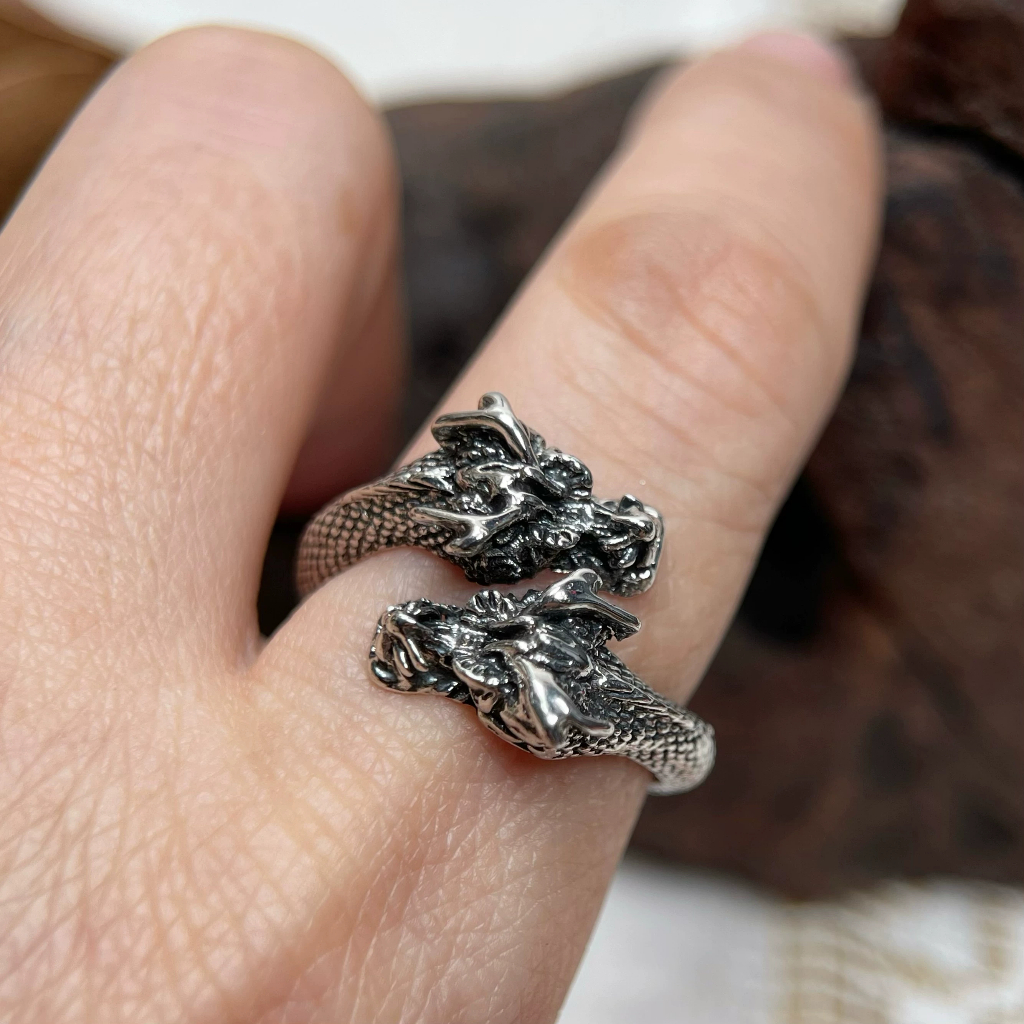 LEERE -COD Cincin Punk Pria Retro Naga Berkepala Dua untuk Cincin Couple Pasangan Skull Ring Niche C