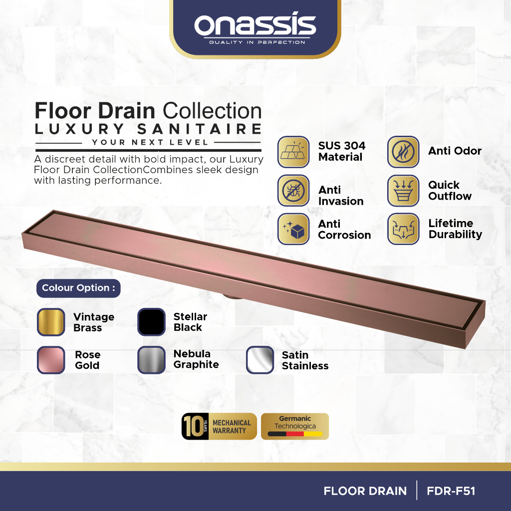 Onassis Floor Drain SUS 304 FDR-F51 Anti Bau & Serangga, Garansi Mekanikal 10 Tahun Afur Lantai