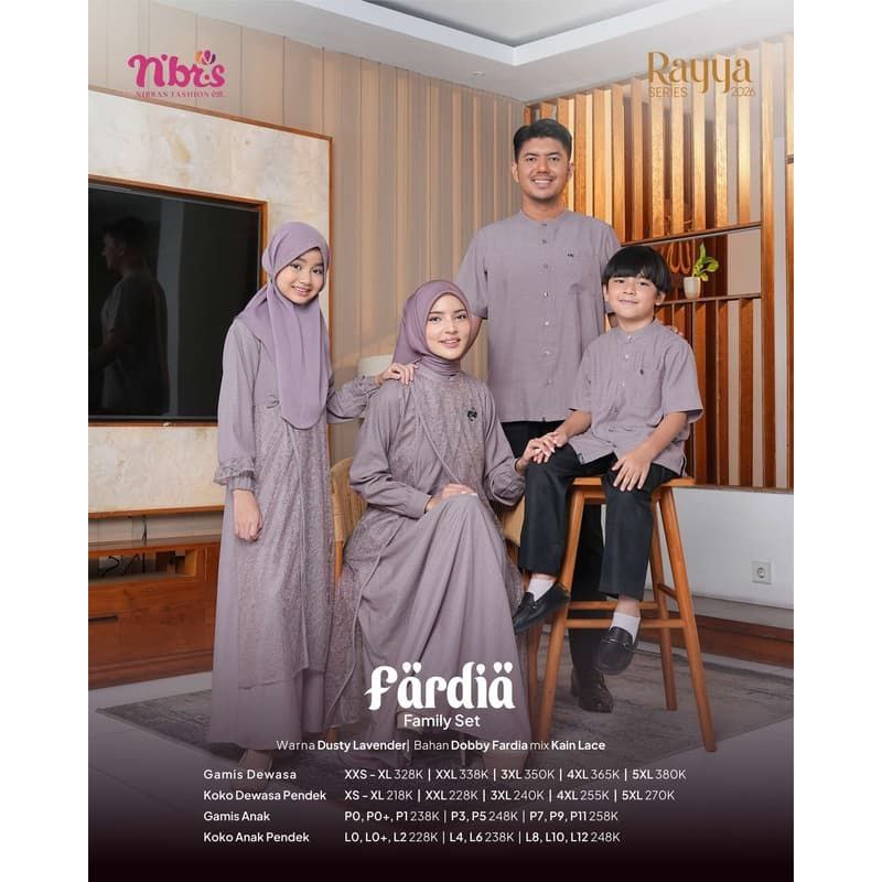 NIBRAS BAJU SARIMBIT KELUARGA MUSLIM FARDIA LAVENDER COUPLE KOKO & GAMIS BROKAT TERBARU LEBARAN 2026