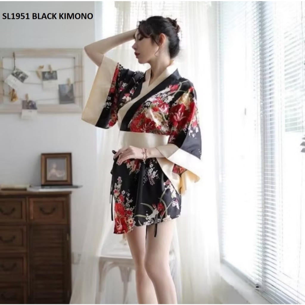 BLIORI | 1951 / KIMONO Jepang cosplay bahan satin motif bunga flower LINGERIE SEKSI kostum  BAJU TID