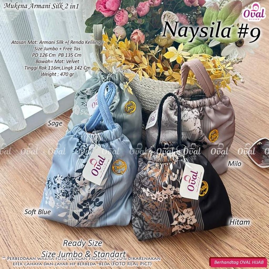 MUKENA NAYSILA #9 ORI OVAL HIJAB  \\ Mukena Travelling Prayer Set Bahan Armany Silk Jumbo Standar Be