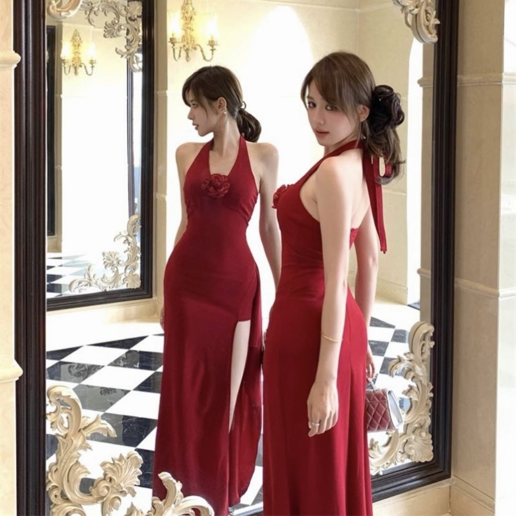 Dress Panjang Wanita V-neck Bodycon Gaun Pesta Model Belah Samping Desain Elegant HM475