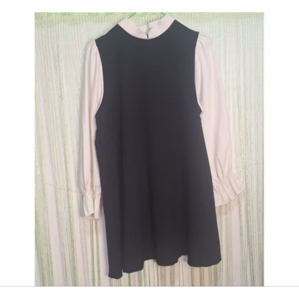 dress wanita hitam putih lengan panjang