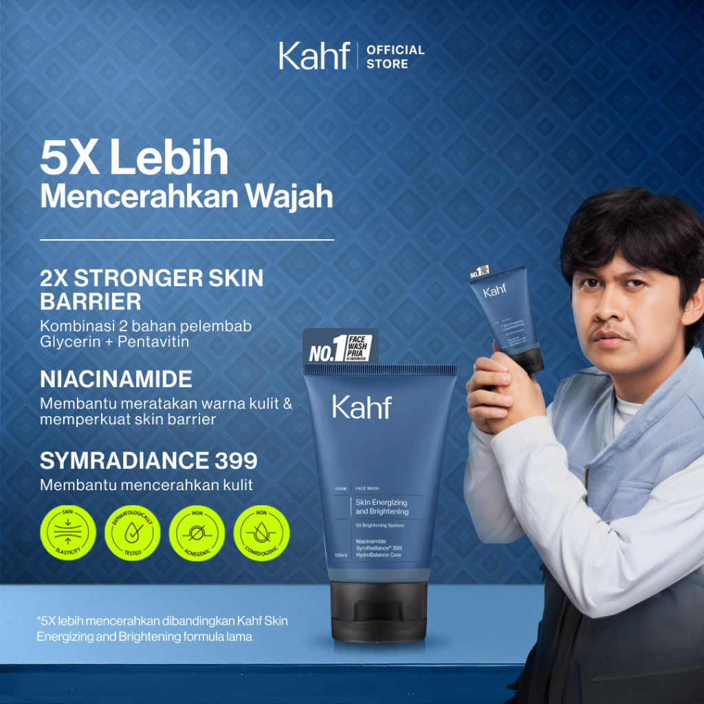 NEW LOOK BETTER FORMULA! Kahf Face Wash Skin Energizing and Brightening 100 ml - Sabun Cuci Muka Pria Membantu Mencerahkan Wajah - Daily Use, Niacinamide, Symradiance 399, Hydrating Skin Barrier, Moisturizer, Hydration, Lembab, Instan, Oil, Minyak