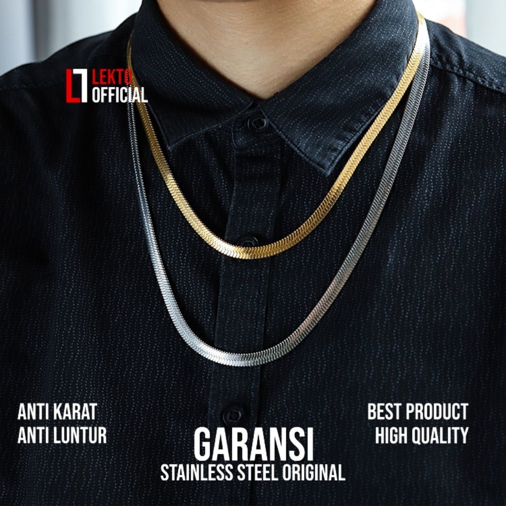Kalung Pria Wanita Titanium Anti Karat Asli Original Silver Gold Model Gepeng Monel Besi Putih