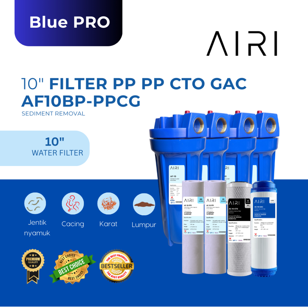 AIRI Filter saringan Paket Filter Air 4 Tabung 10 Inci PRO Series untuk Air Sumur, PAM, dan Hujan, P