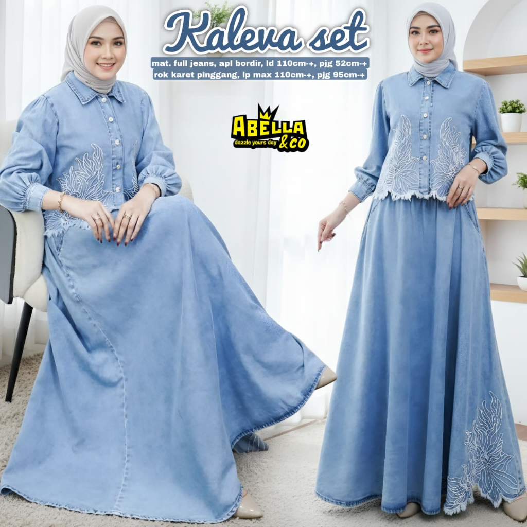 KALEVA SET ORIGINAL BY ABELLA&CO BAHAN MAT. FULL JEANS APL BORDIR ROK KARET PINGGANG