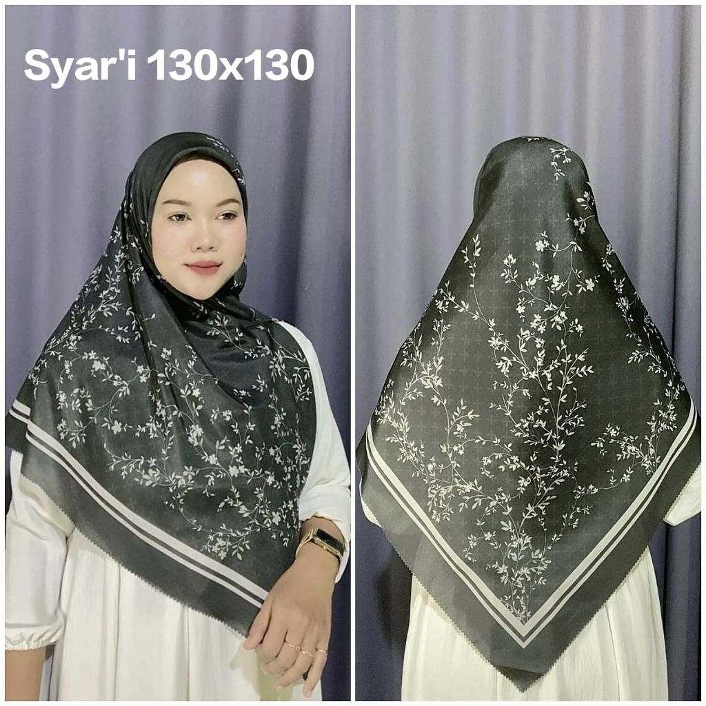 KERUDUNG SYAR'I JUMBO HIJAB SEGI EMPAT VOAL MOTIF BUNGA FOLURES HITAM UK 130X130 SYARI
