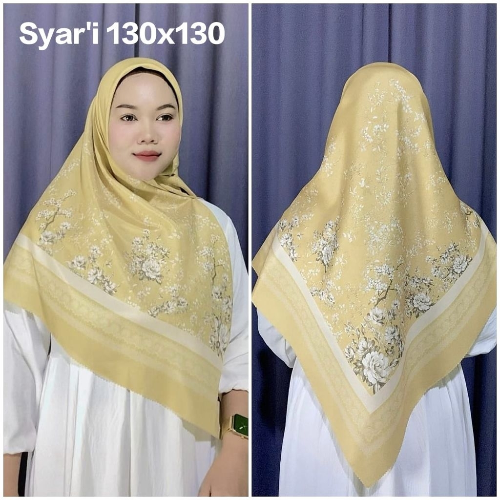 KERUDUNG SYAR'I SEGI EMPAT VOAL MOTIF BUNGA KALISTA KUNING UK 130X130 SYARI
