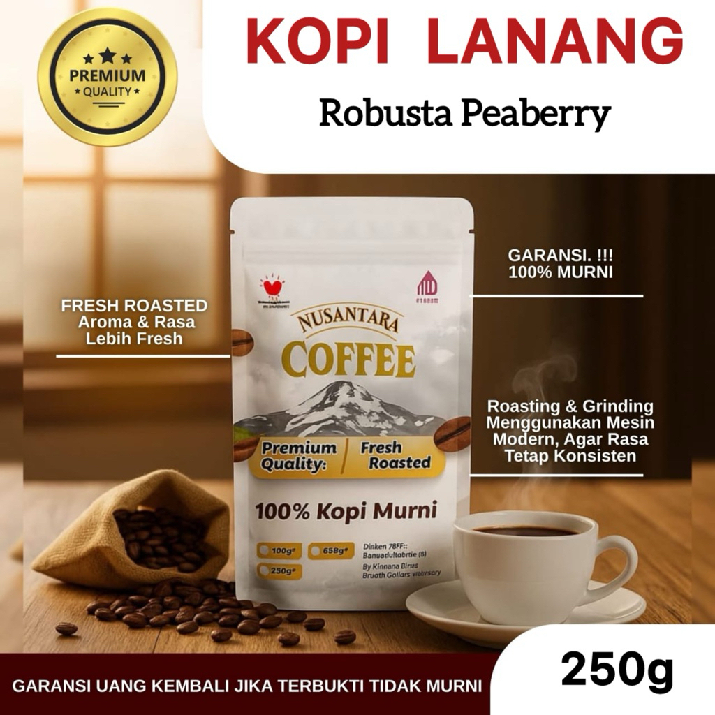 NUSANTARA COFFEE - 250g Biji Kopi Bubuk 100% Murni Robusta Lanang Biji Tunggal Peaberry- Kopi Robust
