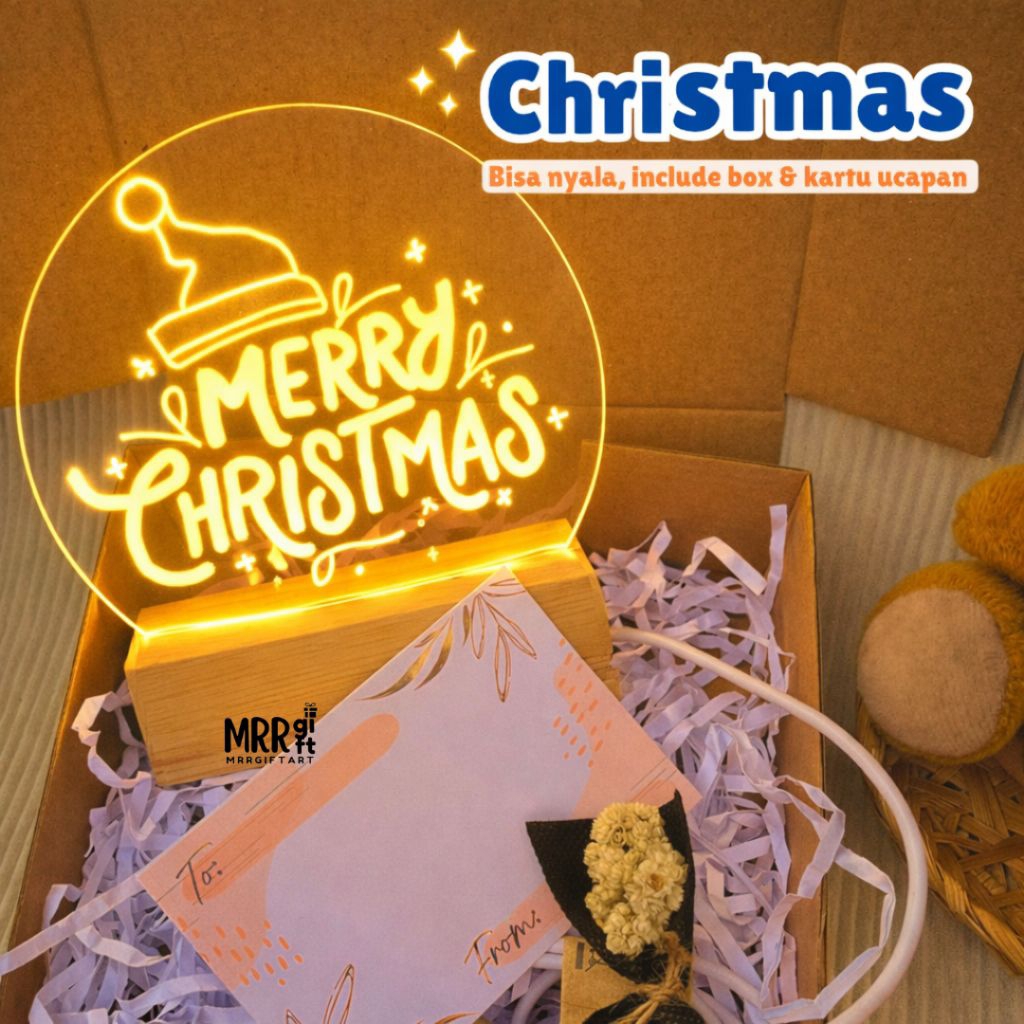 Lampu Hias Akrilik Merry Christmas – Gift Set Eksklusif dengan Box, Kartu Ucapan, Bouquet Bunga Asli