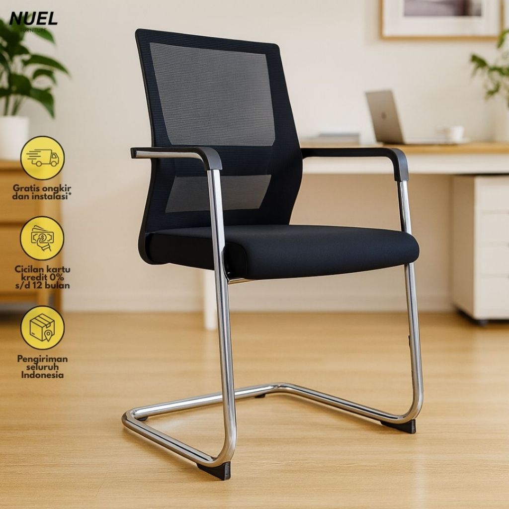 NUEL Kursi Hadap Jaring Kaki Besi / Kursi Meeting Rangka Besi Kotak / Kursi Kantor Tanpa Roda