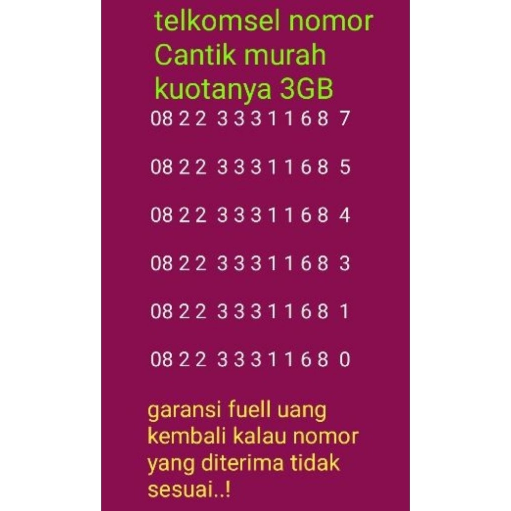 Telkomsel nomor cantik murah kuotanya 3GB