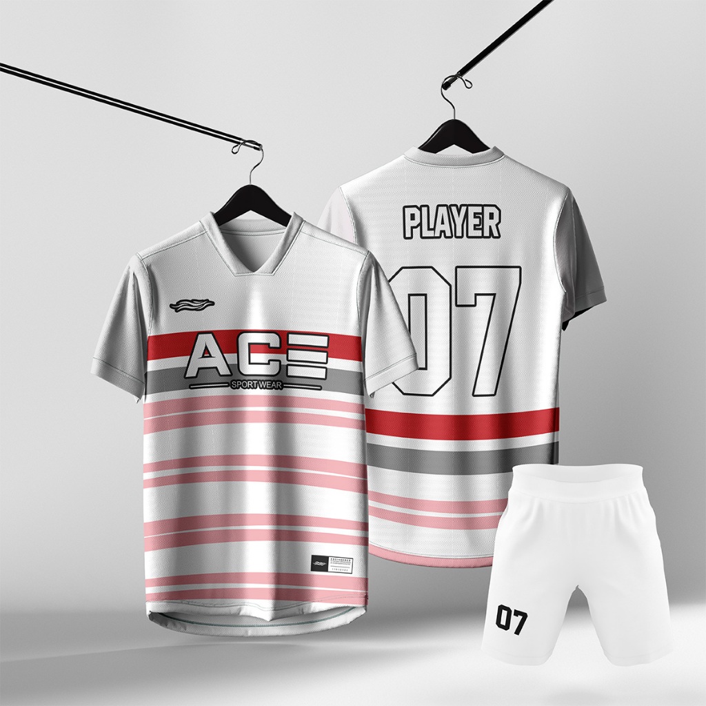 Setelan Jersey Futsal Tim Putih Motif Horizontal Bar Garis Pink Abu