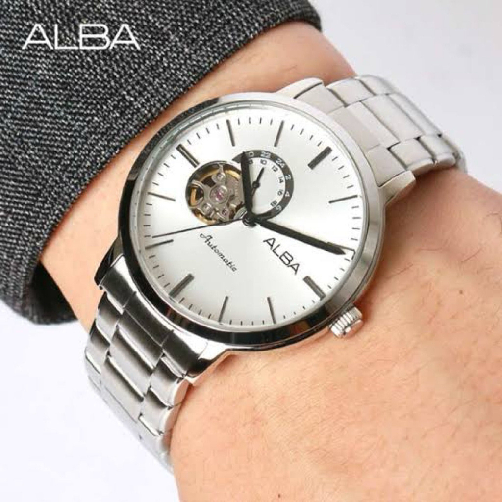 JAM TANGAN ANALOG PRIA ALBA A9A013X1 / A9A013 / A9A013X SILVER WHITE DIAL AUTOMATIC MOVEMENT OPEN HE