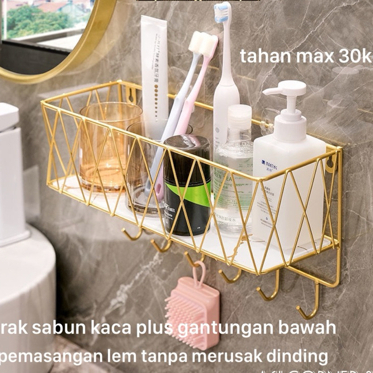 Rak Kamar Mandi Gold Alas Kaca Marble Putih Hitam / Rak Sabun Tembok Gold
