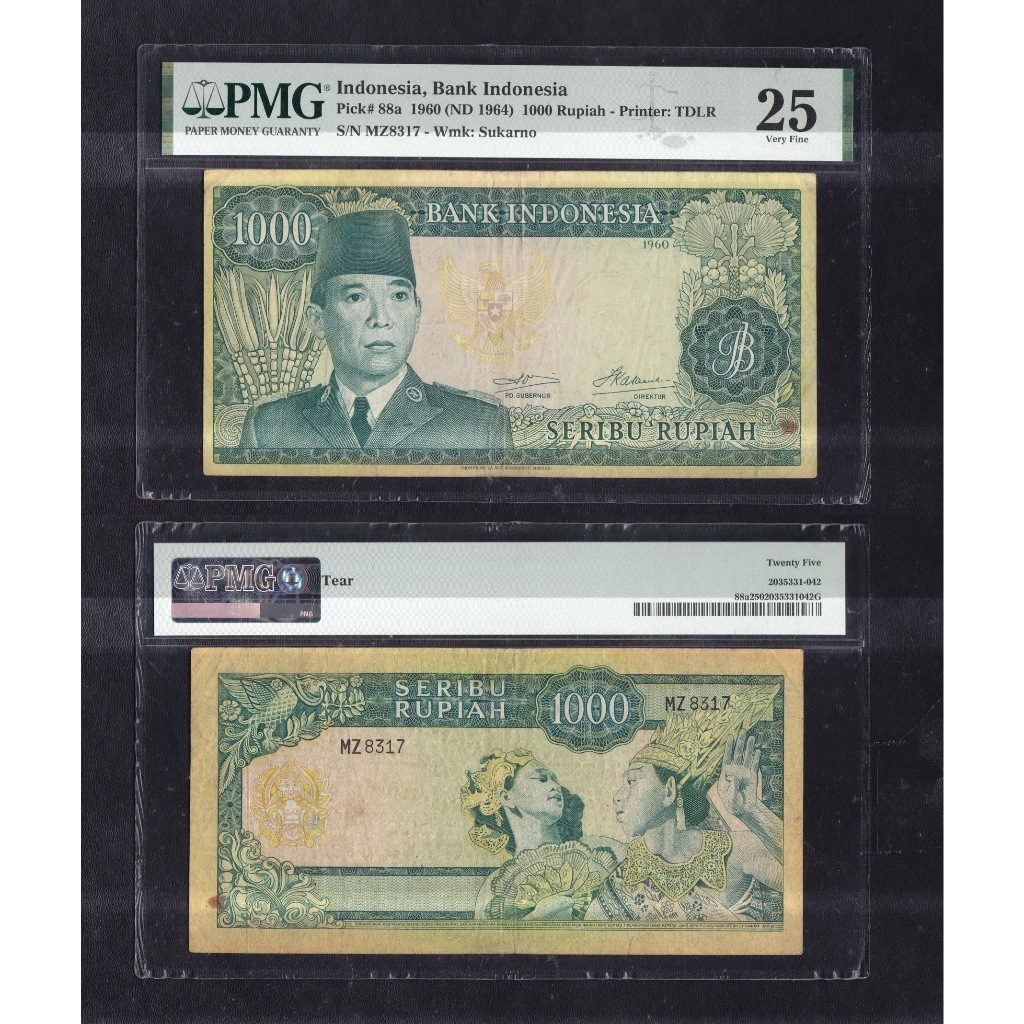 Uang kuno PMG 25 - 1000 rupiah seri Sukarno tahun 1960 S/N MZ8317