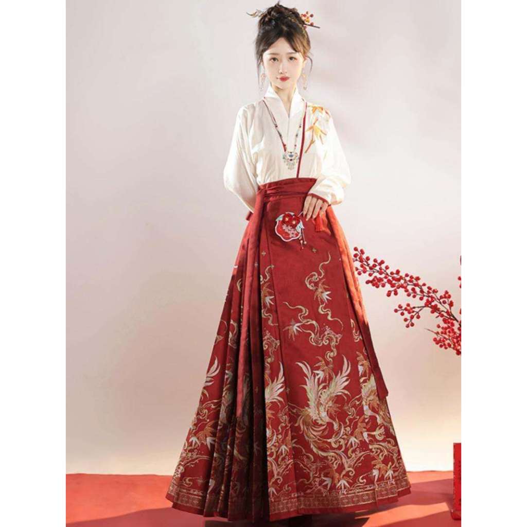 Hanfu Wanita Bordir Phoenix Tradisional China | Set Atasan & Rok Panjang | Baju Imlek Elegan
