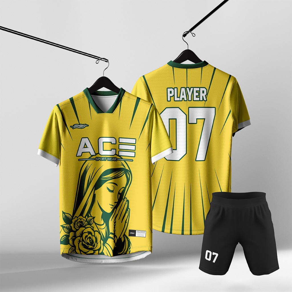 Setelan Jersey Futsal Tim Unisex Kuning Hijau Motif Gambar Wanita Berdoa