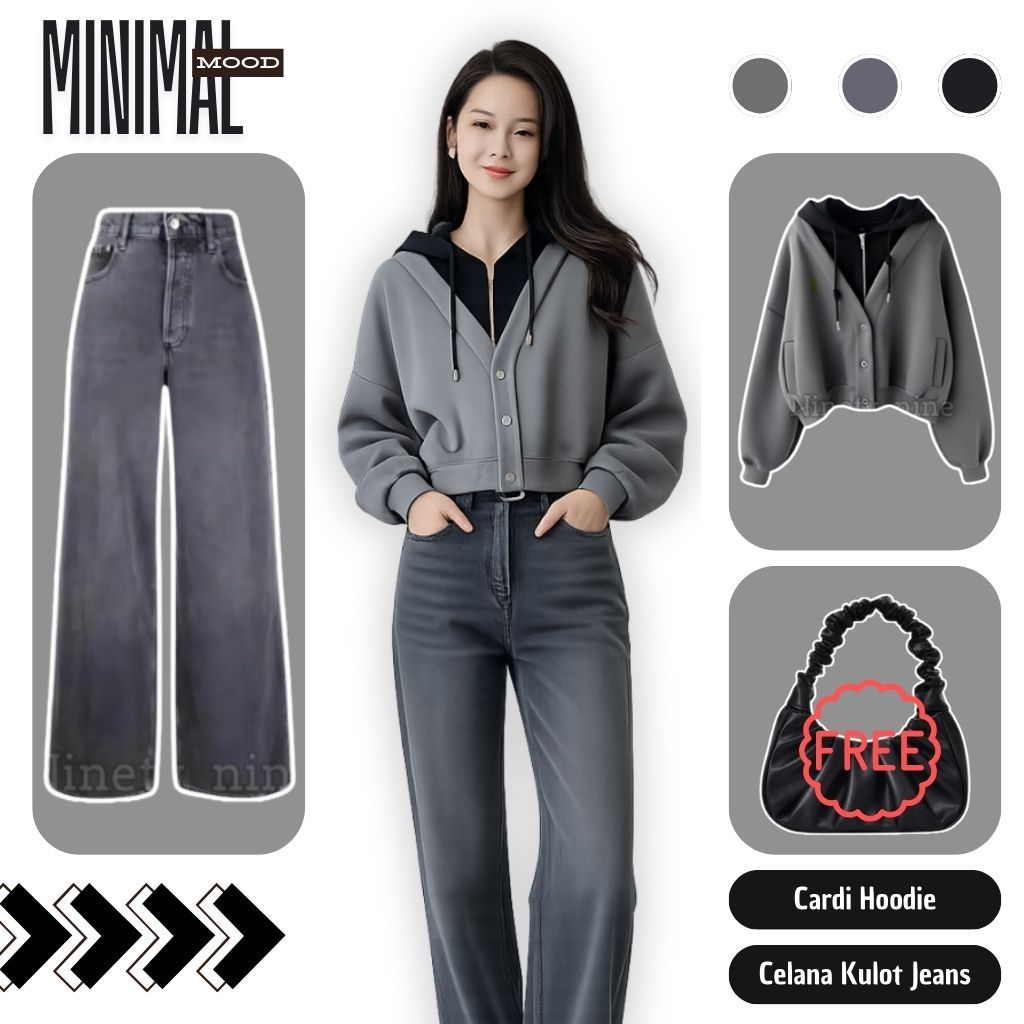 Setelan Cewek Korean Style ( Cardi Hoodie + Celana Kulot Jeans ) One Ser Remaja - 064
