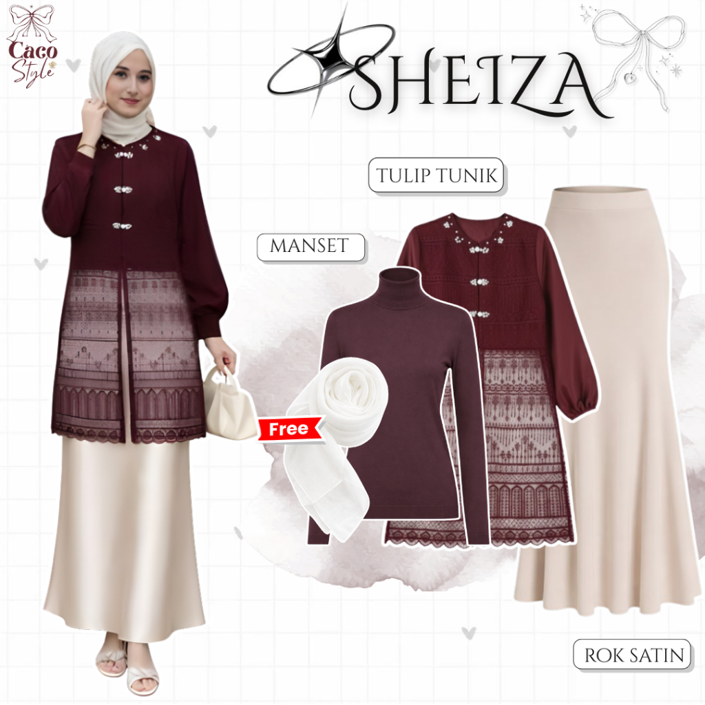 SHEIZA One Set 4In1 Outfit Lebaran Tunik Maroon ( Bella Square + Manset + Tunik + Rok Duyung) -CO121